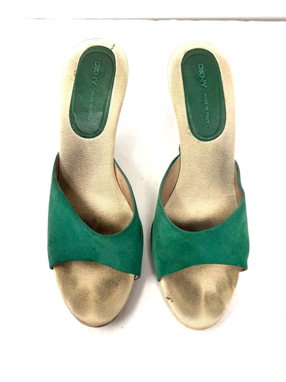 DKNY green suede peep toe wedges, made in Italy, size 8.5